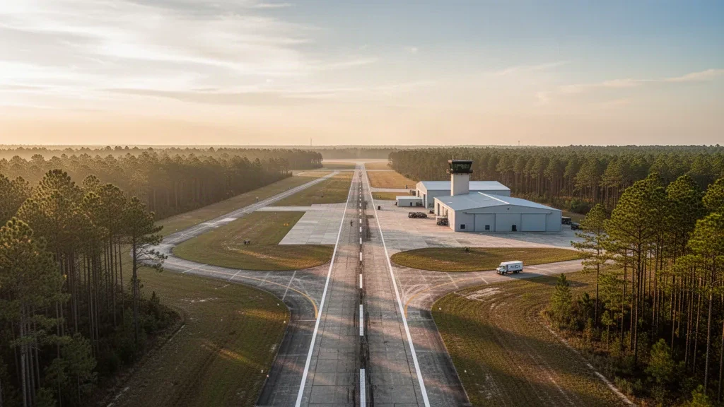 Start- und Landebahn, Hangars und Kiefernwald des Polk Army Airfield in Louisiana im warmen Licht der goldenen Stunde