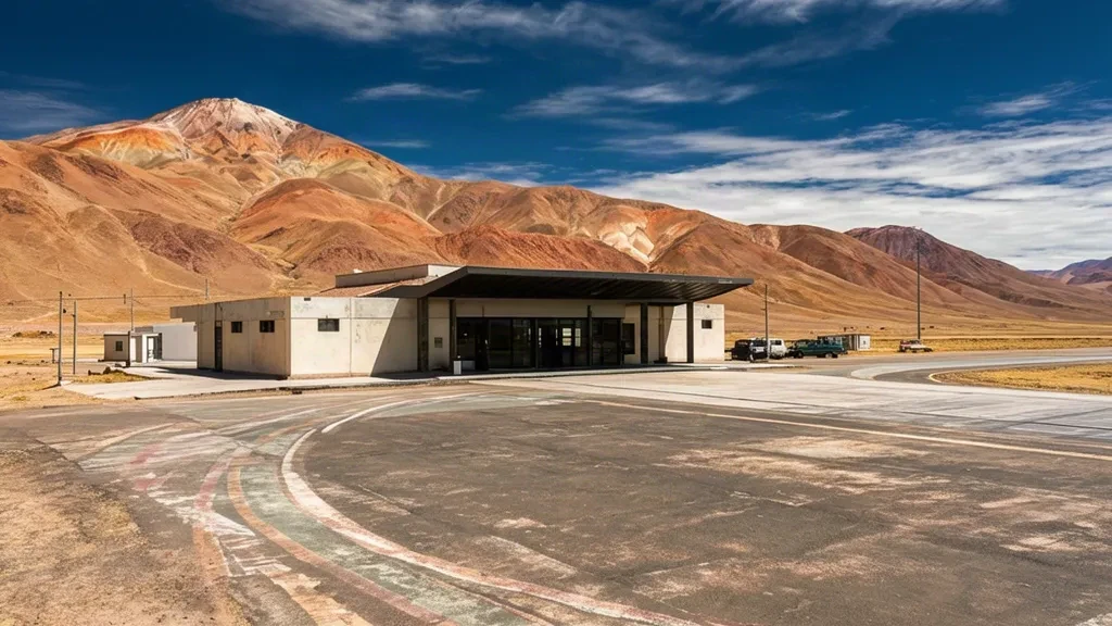 Small terminal building at Capitán Nicolás Rojas Airport in Potosí, Bolivia, framed by Andean highland ridges under clear skies.