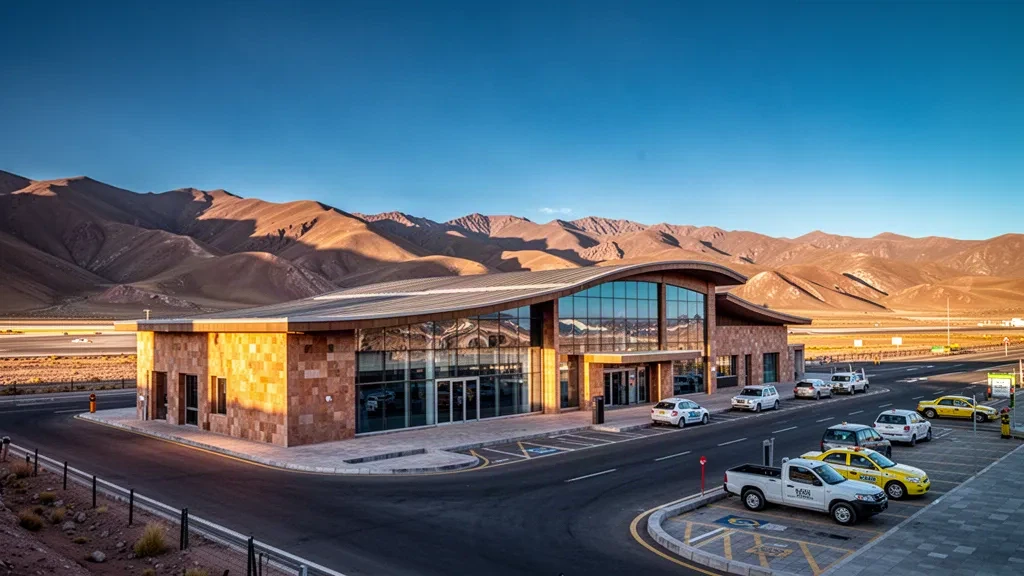 Exterior moderno de la terminal del aeropuerto Capitán Nicolás Rojas en Potosí, Bolivia, enmarcado por las altas montañas andinas durante la hora dorada