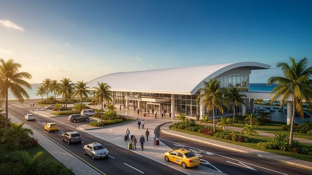 Exterior de la terminal moderna del Aeropuerto de Pemba en Mozambique, entorno costero tropical con luz de hora dorada y zona de descenso de pasajeros