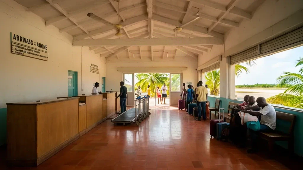 Interno luminoso e tropicale del terminal dell'Aeroporto di Pemba in Mozambico con banchi check-in, carrelli portabagagli e luce del giorno tra le palme