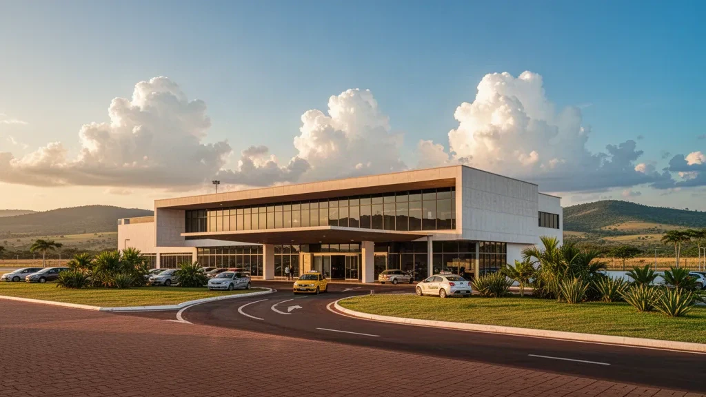 Moderne Terminalfassade am Flughafen Patos de Minas in Brasilien mit Bringspur im Licht der goldenen Stunde