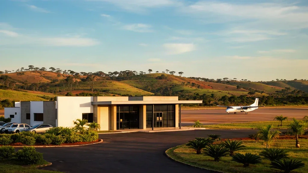 Vista exterior de la pequeña terminal de una sola planta del aeropuerto de Patos de Minas POJ en Minas Gerais, Brasil, a la hora dorada