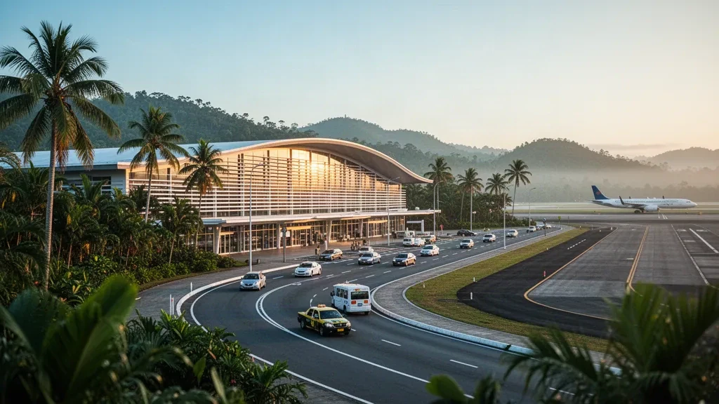 Blick zur goldenen Stunde auf das moderne Terminal, Palmen und Abholspuren am Jacksons International Airport in Port Moresby, Papua-Neuguinea.