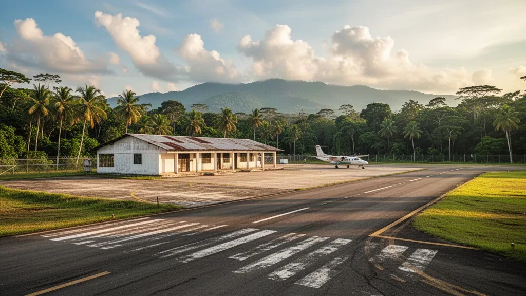 Pequeña pista regional y plataforma rodeada de selva tropical en el Aeropuerto de Poptún, en Petén, Guatemala, bajo la cálida luz del final de la tarde