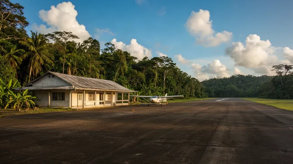Terminal modesto e aerei leggeri all'aeroporto di Poptún nel Petén, Guatemala, circondati da una lussureggiante giungla tropicale sotto un cielo luminoso.