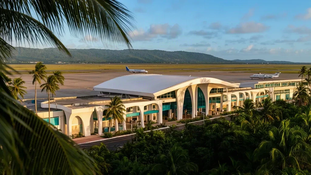 Tropical terminal exterior at Gregorio Luperón International Airport in Puerto Plata, Dominican Republic, with palm trees and parked aircraft