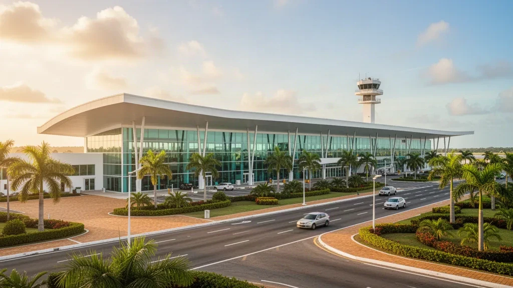 Exterior moderno de la terminal del Aeropuerto Internacional Gregorio Luperón en Puerto Plata, República Dominicana, con jardines tropicales y cielo despejado.