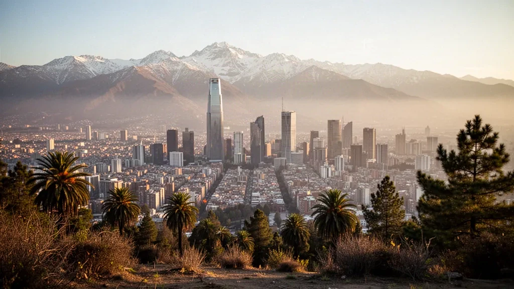 Panorama de Santiago du Chili avec la Gran Torre Santiago et les Andes enneigées à l'heure dorée