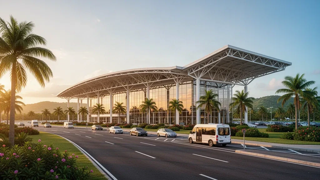 Moderno terminal in vetro dal tetto bianco all'Aeroporto Internazionale di Piarco a Trinidad, incorniciato dalle palme nella calda luce dorata del tramonto caraibico
