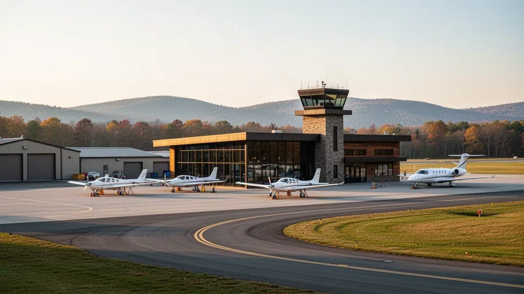 Modern general aviation terminal and aircraft ramp at Dutchess County Airport near Wappinger, New York, framed by Hudson Valley hills