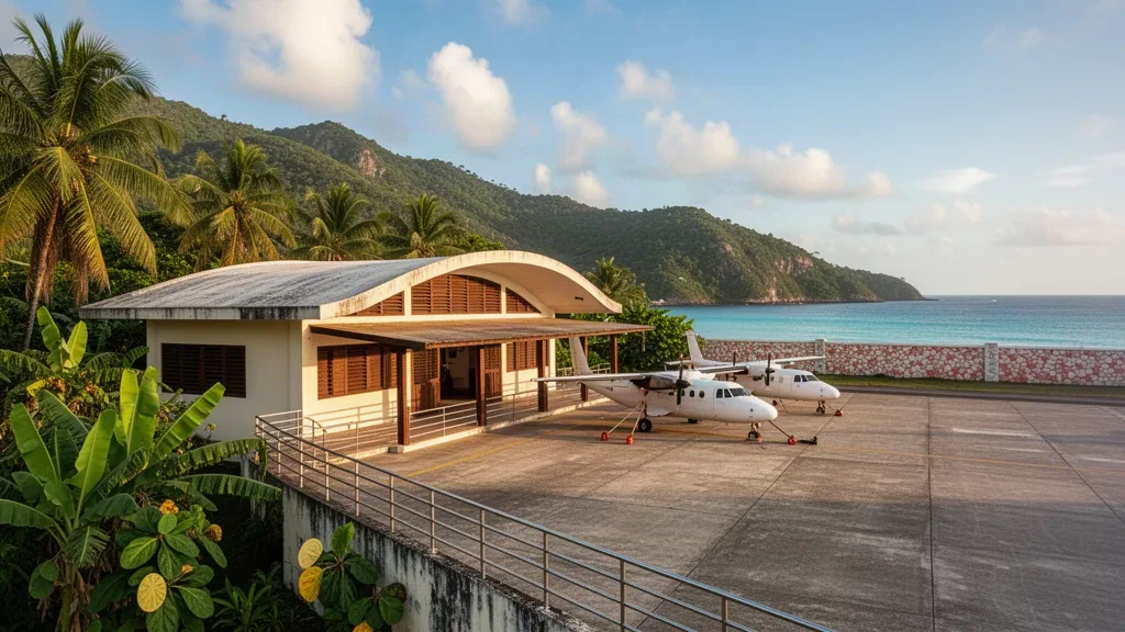 Terminal dell'aeroporto Ken Jones a Port Antonio, in Giamaica, con palme, un piccolo turboelica sul piazzale e colline verdi sotto una calda luce tropicale