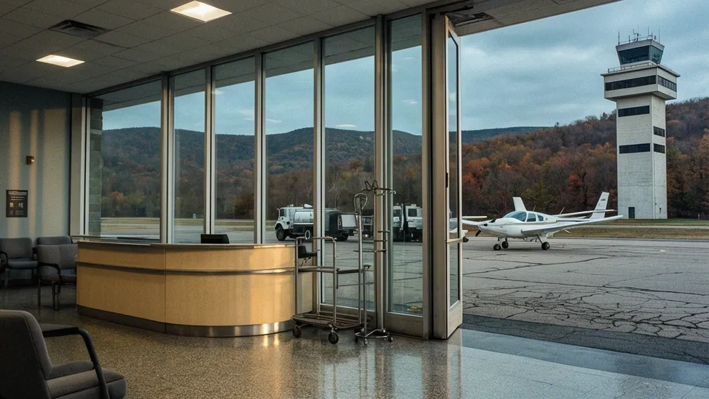 Sunlit lobby of Dutchess County Airport POU terminal in Wappingers Falls, New York, looking out over the general aviation apron and control tower
