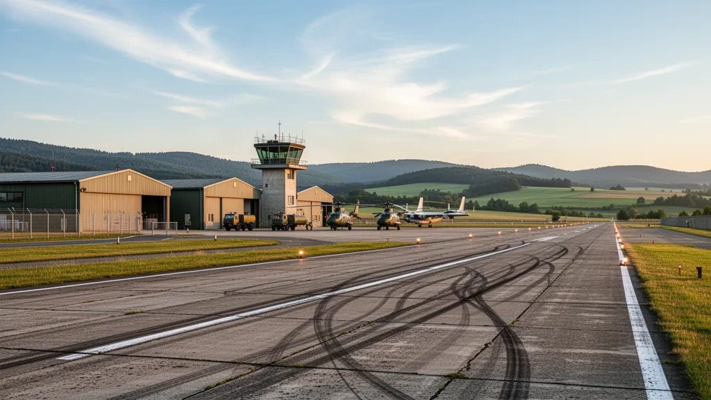 Wide view of Prešov Air Base in Slovakia, showing the runway apron, hangars and control tower in warm evening light