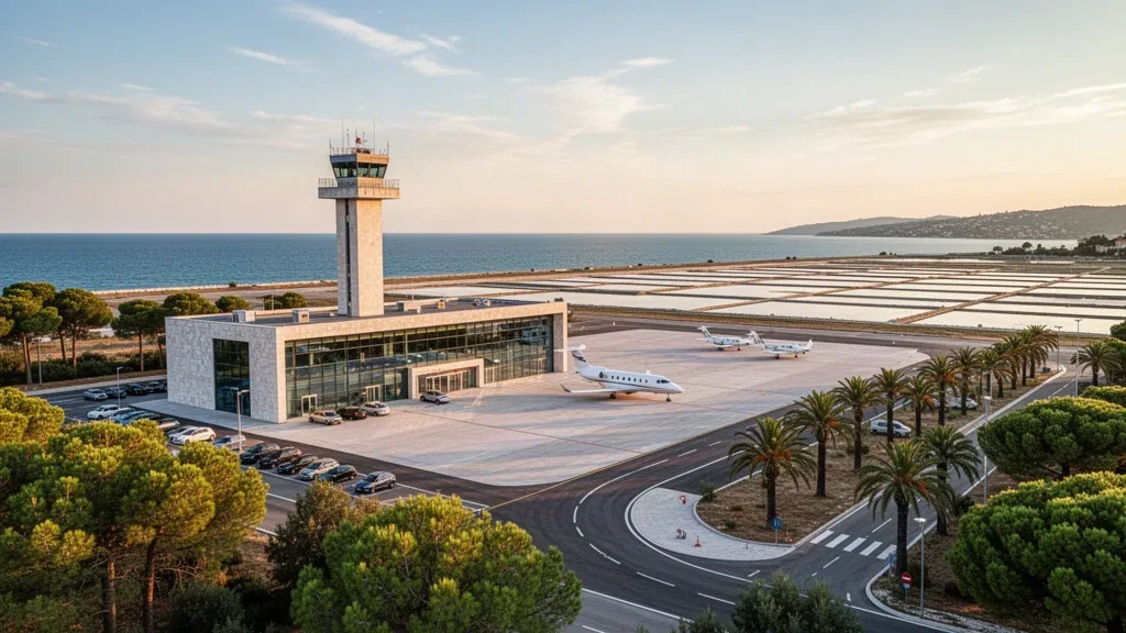 Terminal y plataforma del aeropuerto de Portorož a la hora dorada cerca de la costa del Adriático en Eslovenia, con un pequeño jet y paisaje costero.