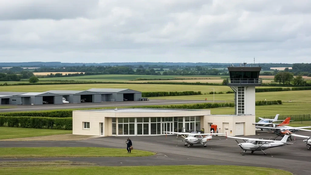 Light aircraft and a small terminal with control tower at Pontoise-Cormeilles Aerodrome near Paris on an overcast day