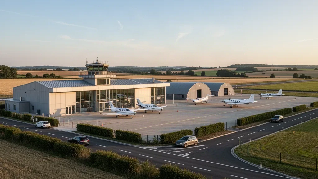 Terminal vitré de faible hauteur, tour de contrôle et avions légers stationnés à l'aérodrome de Pontoise-Cormeilles dans la campagne du Vexin français à l'heure dorée