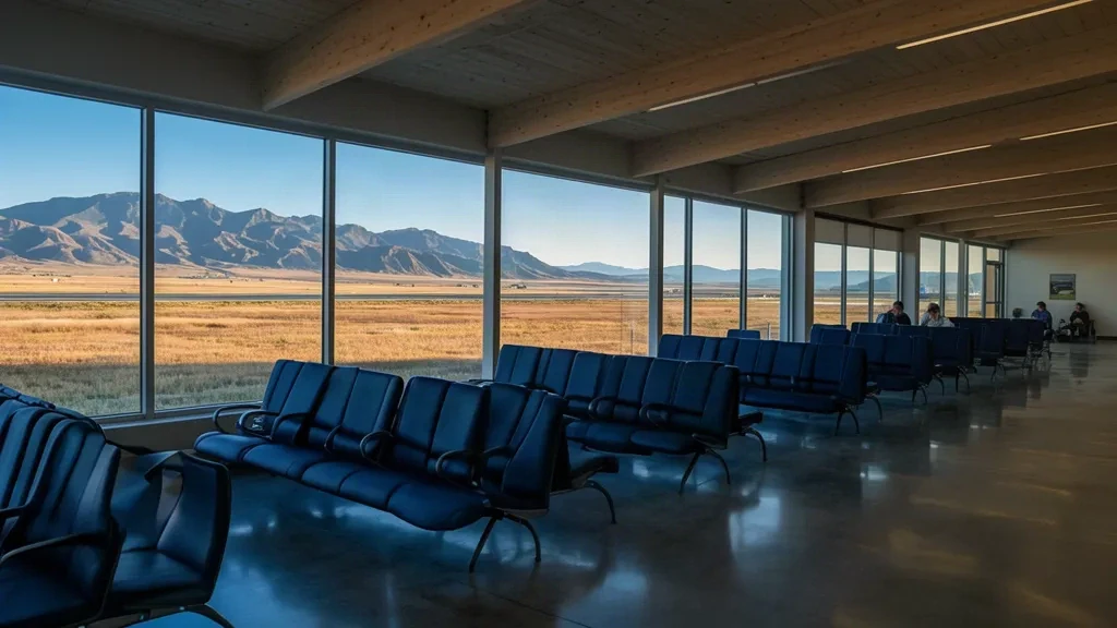 Interior de la terminal del aeropuerto municipal de Powell en Wyoming con luz natural, asientos amplios y vistas al campo de aviación.