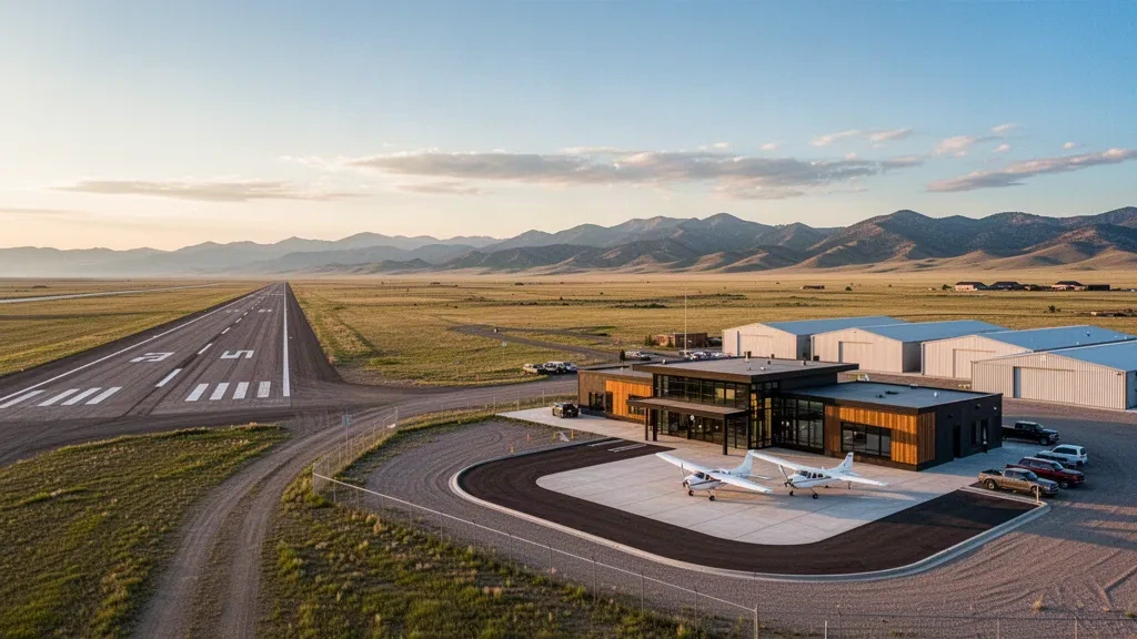Piccolo terminal per aviazione generale, hangar e pista in asfalto all'Aeroporto Powell Municipal in Wyoming sotto un ampio cielo dorato