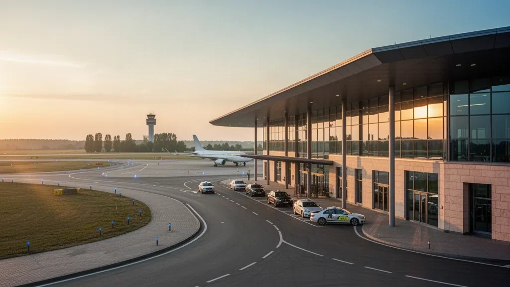 Terminal moderne en verre et voie de dépose à l'aéroport de Poznań-Ławica en Pologne, photographiés à l'heure dorée
