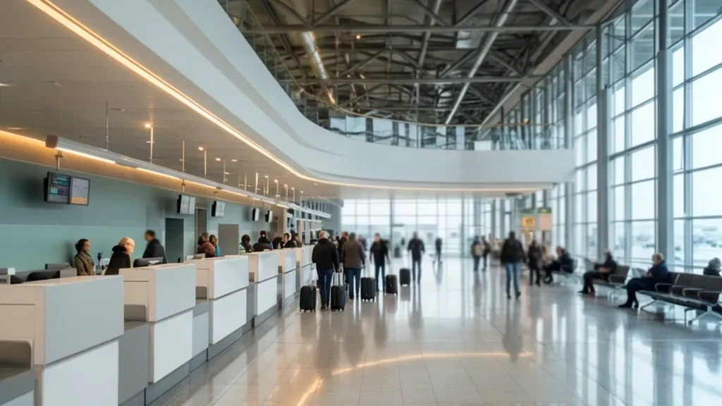 Intérieur du hall des départs de l'aéroport de Poznań-Ławica avec comptoirs d'enregistrement, architecture de verre et voyageurs avec bagages