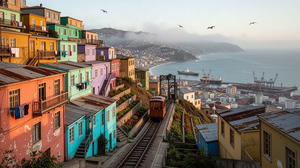 Coloridas casas en la ladera y funicular sobre el puerto pacífico de Valparaíso, Chile, bajo la luz dorada de la tarde