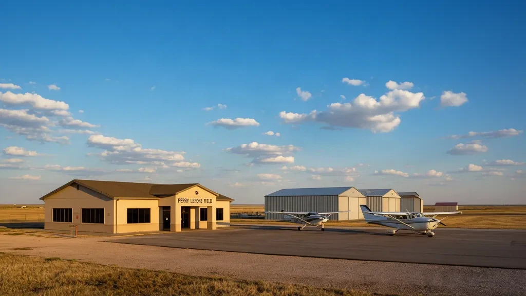 Exterior view of the small general aviation terminal at Perry Lefors Field in Pampa, Texas, with parked aircraft and hangars under a wide blue sky.