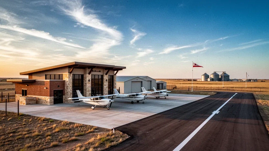 Vista durante la hora dorada de la terminal, la plataforma y la pista del aeropuerto Perry Lefors Field en las llanuras abiertas cerca de Pampa, Texas