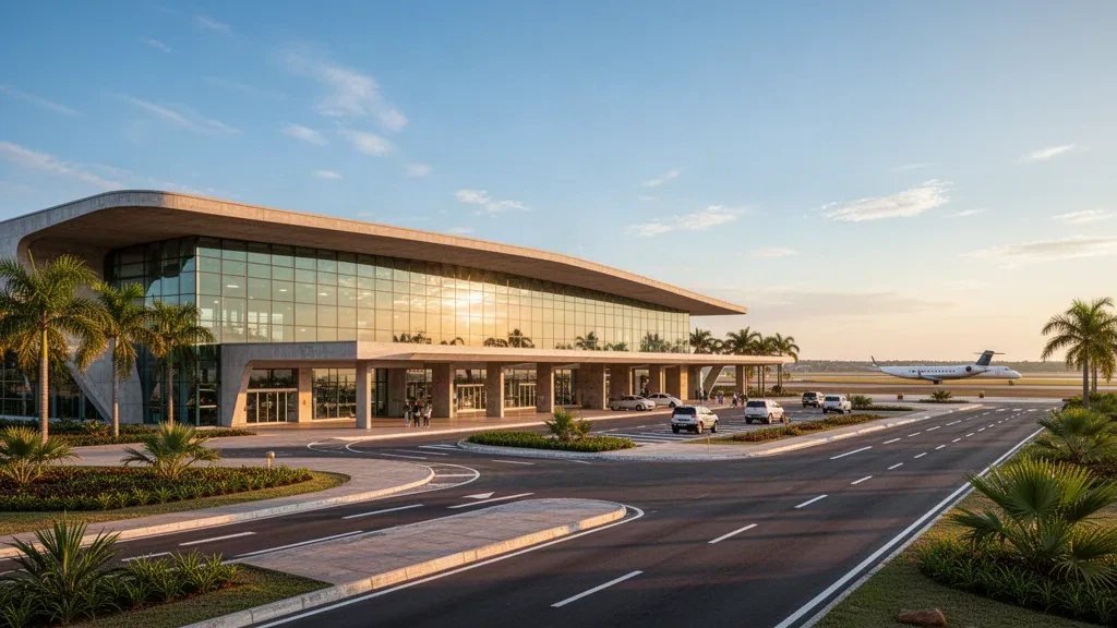 Terminal moderna de vidrio, carriles de descenso y paisajismo tropical en el Aeropuerto Presidente Prudente en São Paulo, Brasil, durante la hora dorada.