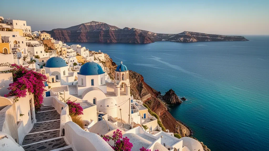 Weiß getünchte Häuser und blau gekuppelte Kirchen des Dorfes Oia auf Santorini, Griechenland, mit Blick auf das tiefblaue Ägäische Meer und die Vulkan Caldera.