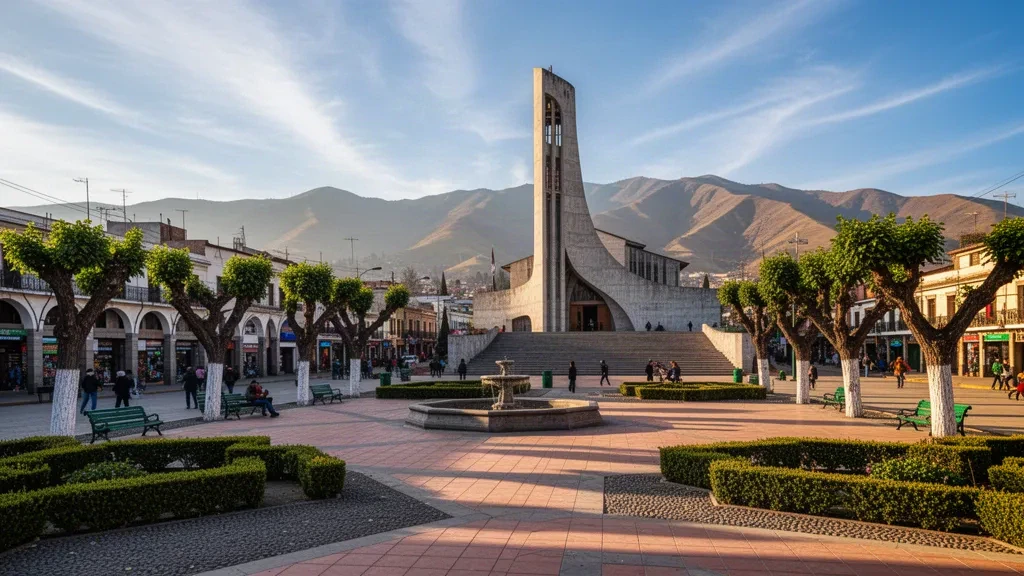 Plaza de Armas de Chillán dans la région de Ñuble au Chili, avec le clocher de la cathédrale moderniste s'élevant au-dessus des allées bordées d'arbres à l'heure dorée