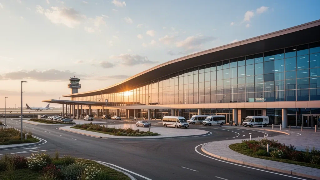 Modern Tri-Cities Airport terminal exterior at golden hour with glass facade, access roads and drop-off lanes