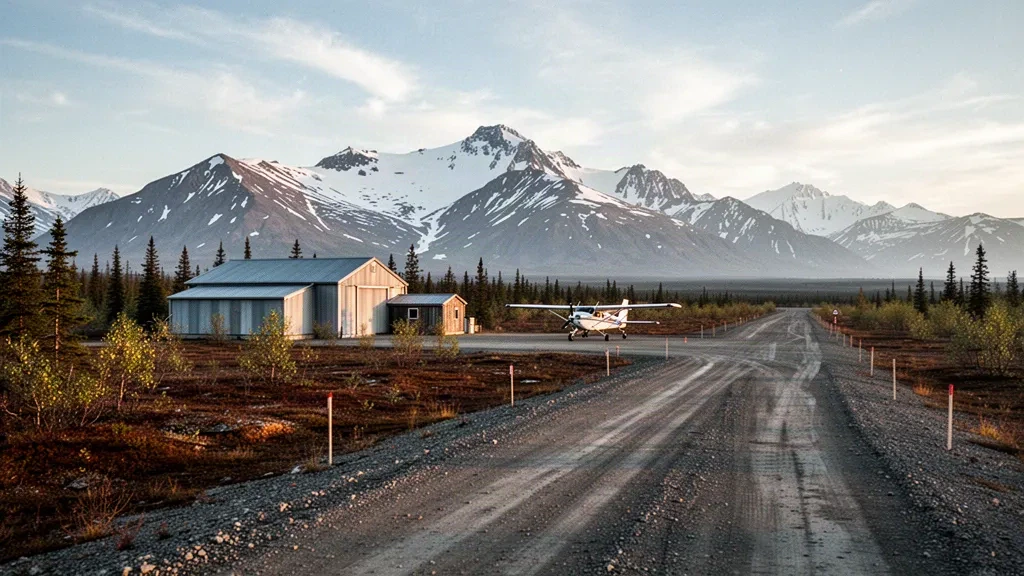 Piste en gravier isolée et petit hangar à l'aéroport de Prospect Creek en Alaska, entourés de forêt boréale et de montagnes lointaines striées de neige
