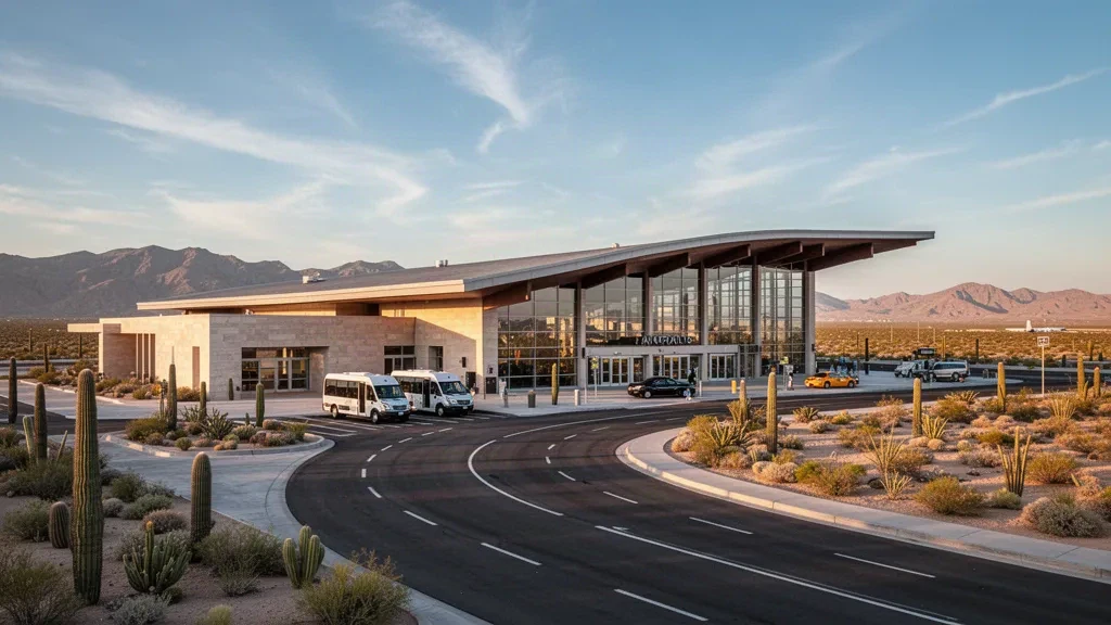 Esterno moderno del terminal dell'Aeroporto Internazionale Mar de Cortés a Puerto Peñasco, Sonora, durante l'ora d'oro