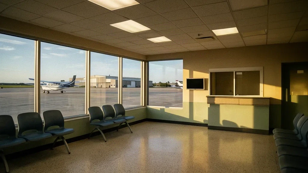 Sala de espera iluminada por el sol dentro de la pequeña terminal del Aeropuerto de Tri-City en Parsons, Kansas, con filas de asientos de color azul grisáceo y ventanales altos