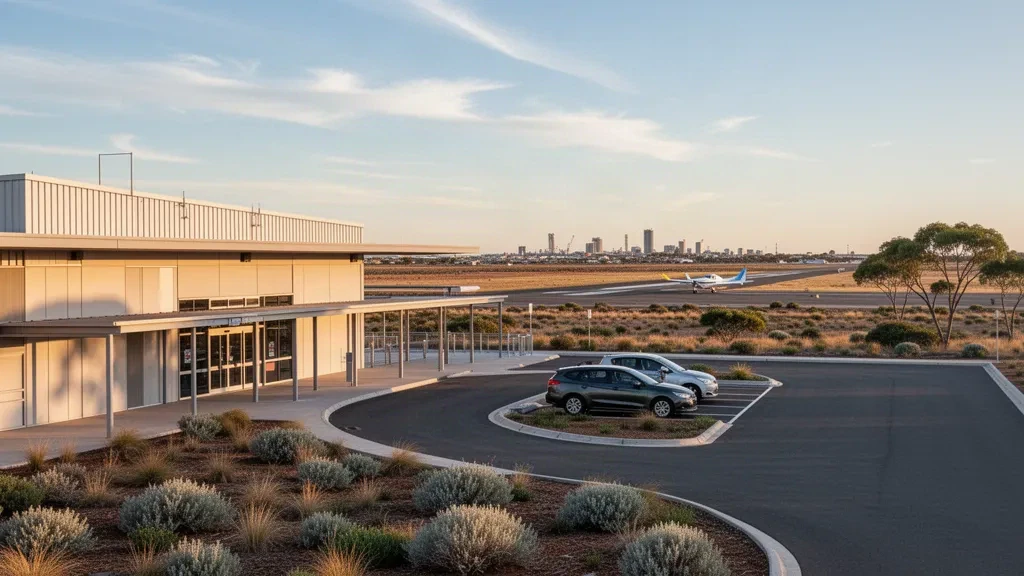 Modernes Terminal und Bringbereich am Flughafen Port Pirie in Südaustralien im warmen Licht der goldenen Stunde.