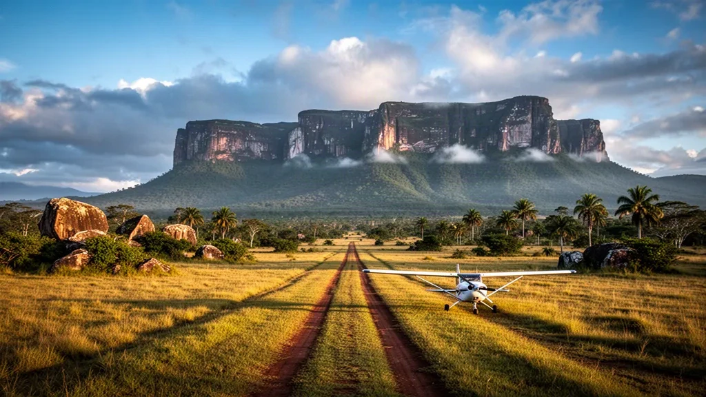 Aeródromo de césped remoto en Paraitepuy, en la Gran Sabana de Venezuela, con montañas tepui de cima plana y una pequeña aeronave ligera bajo una luz dorada