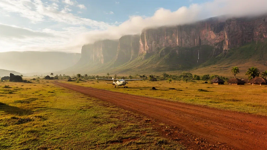 Venezuela'nın Gran Sabana bölgesindeki Paraitepuy'da Mount Roraima'nın tepui kayalıklarının arkasında uzanan asfalt olmayan çalılık pist