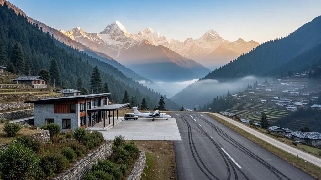 Small high-altitude STOL airstrip and terminal at Phaplu Airport in Solukhumbu, Nepal, framed by pine hills and snowy Himalayan peaks at dawn