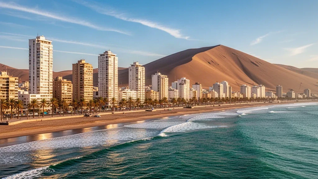 Iquique, capital de Tarapacá, Chile, con la playa Cavancha, el océano Pacífico y la duna Cerro Dragón en la hora dorada.