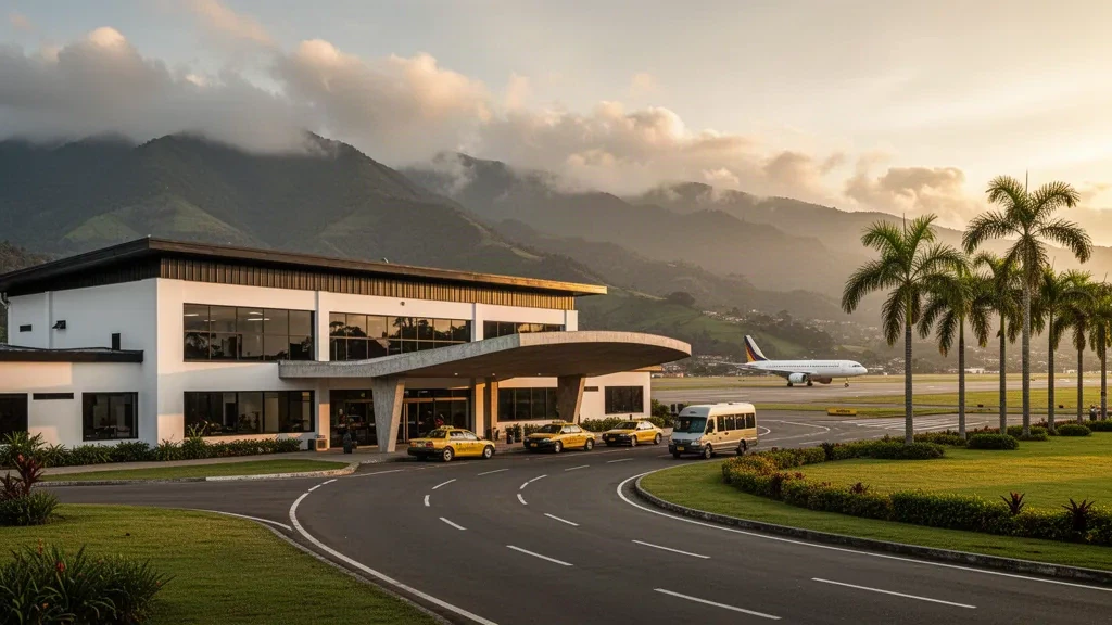 Popayán, Kolombiya'daki Guillermo León Valencia Havalimanı'nda altın saatlerde And Dağları ile çevrili modern terminal ve yolcu indirme şeridi.