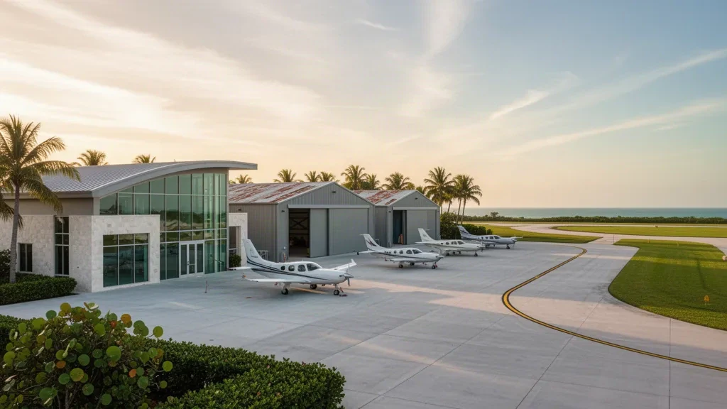 Terminal per l'aviazione generale sulla costa, hangar e piazzale per aerei leggeri presso Pompano Beach Airpark nella calda luce dorata della Florida