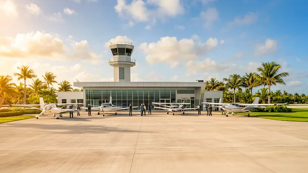 Florida'da Pompano Beach Airpark terminalinin kontrol kulesi ve aprondaki genel havacılık uçaklarıyla dış görünümü.