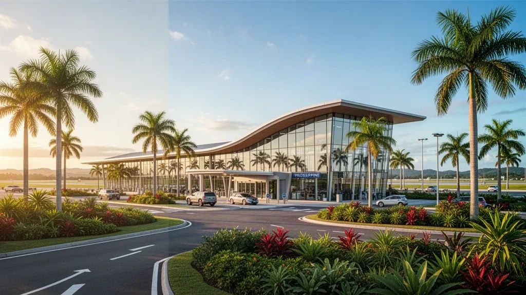 Terminal des Proserpine Whitsunday Coast Airport mit moderner Glasfassade, tropischem Grün und Vorfahrtsbereichen unter klarem Himmel.
