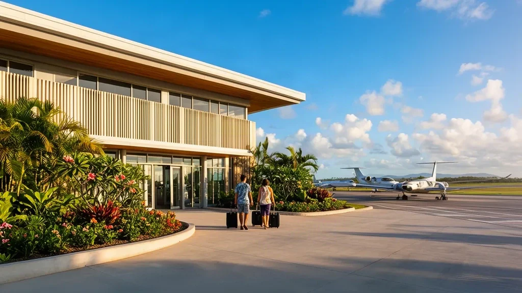 Außenansicht des Terminals des Proserpine Whitsunday Coast Airport mit Glasfassade, Palmen und Reisenden im tropischen Queensland