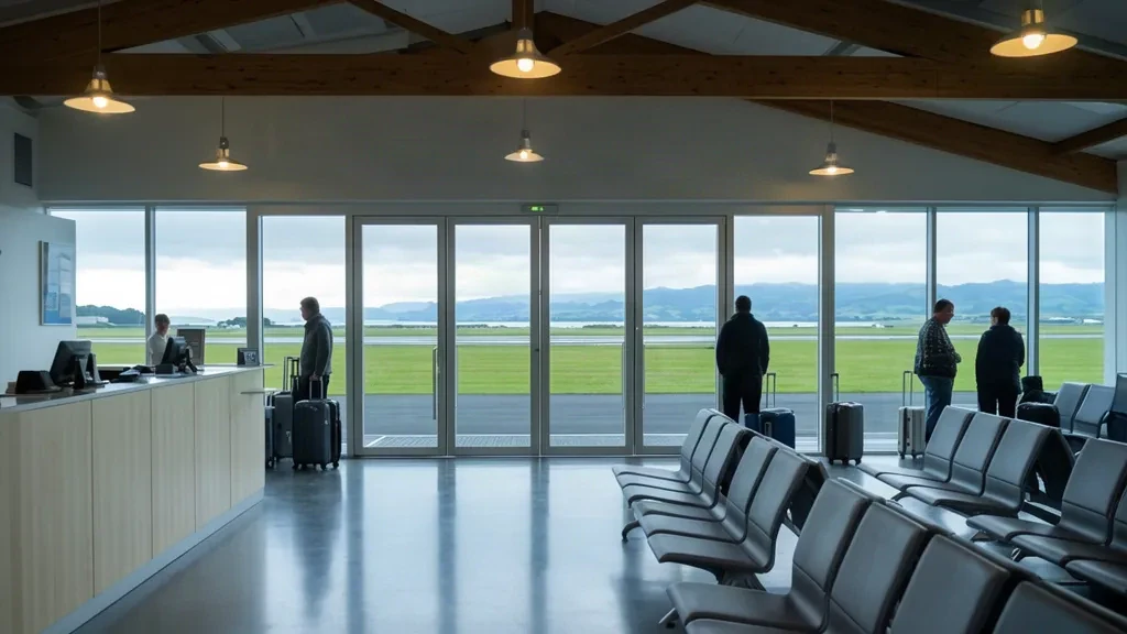 Helle Abflughalle und Check-in-Bereich im kleinen Terminal des Kapiti Coast Airport in Paraparaumu, Neuseeland
