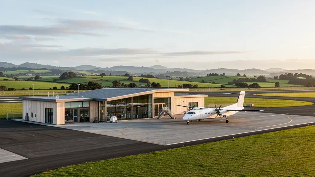 Moderno edificio terminal, piazzale e aereo turboelica all'aeroporto di Paraparaumu sulla Kapiti Coast in Nuova Zelanda
