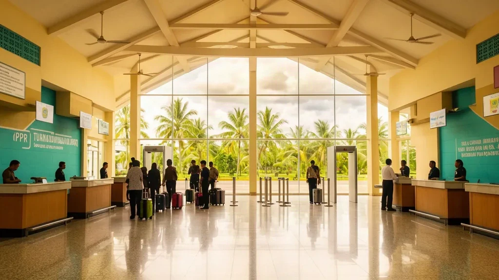 Veduta interna del terminal PPR dell'Aeroporto Tuanku Tambusai a Pasir Pengaraian, Riau, con passeggeri ai banchi del check-in.