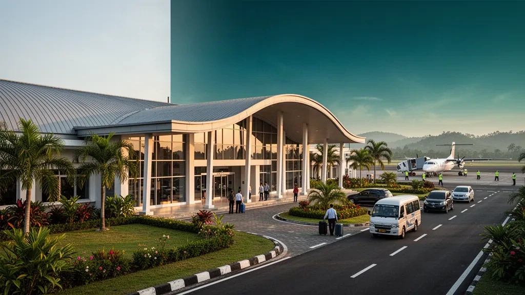 Endonezya'nın Riau bölgesindeki Tuanku Tambusai Havalimanı'nda sıcak tropikal ikindi ışığı altında parlayan modern terminal binası dış cephesi ve yolcu indirme şeridi