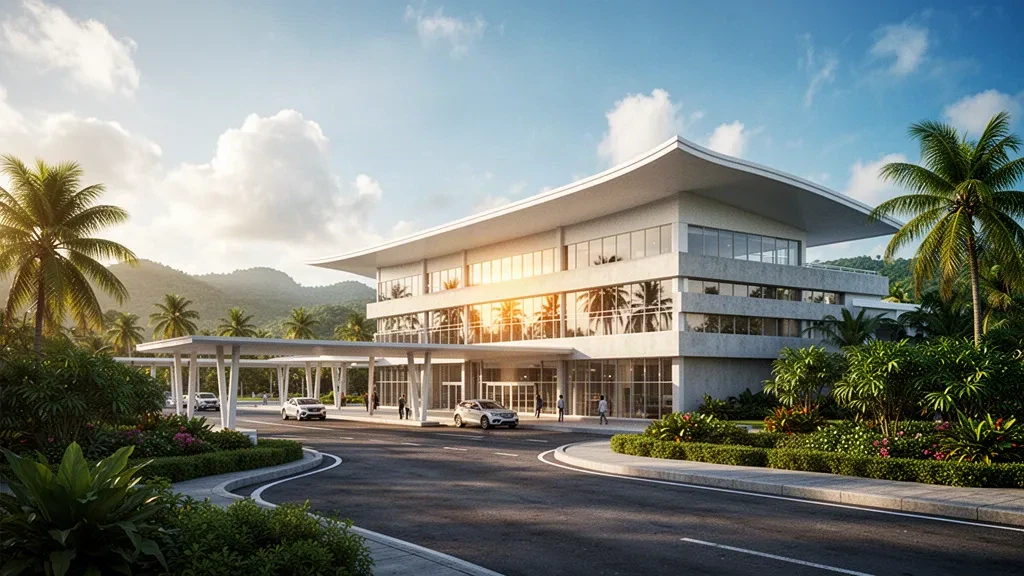 Terminal moderne en verre avec un toit blanc courbé, des palmiers et une voie de dépose-minute en bordure de trottoir à l'aéroport international de Puerto Princesa, à Palawan, à l'heure dorée